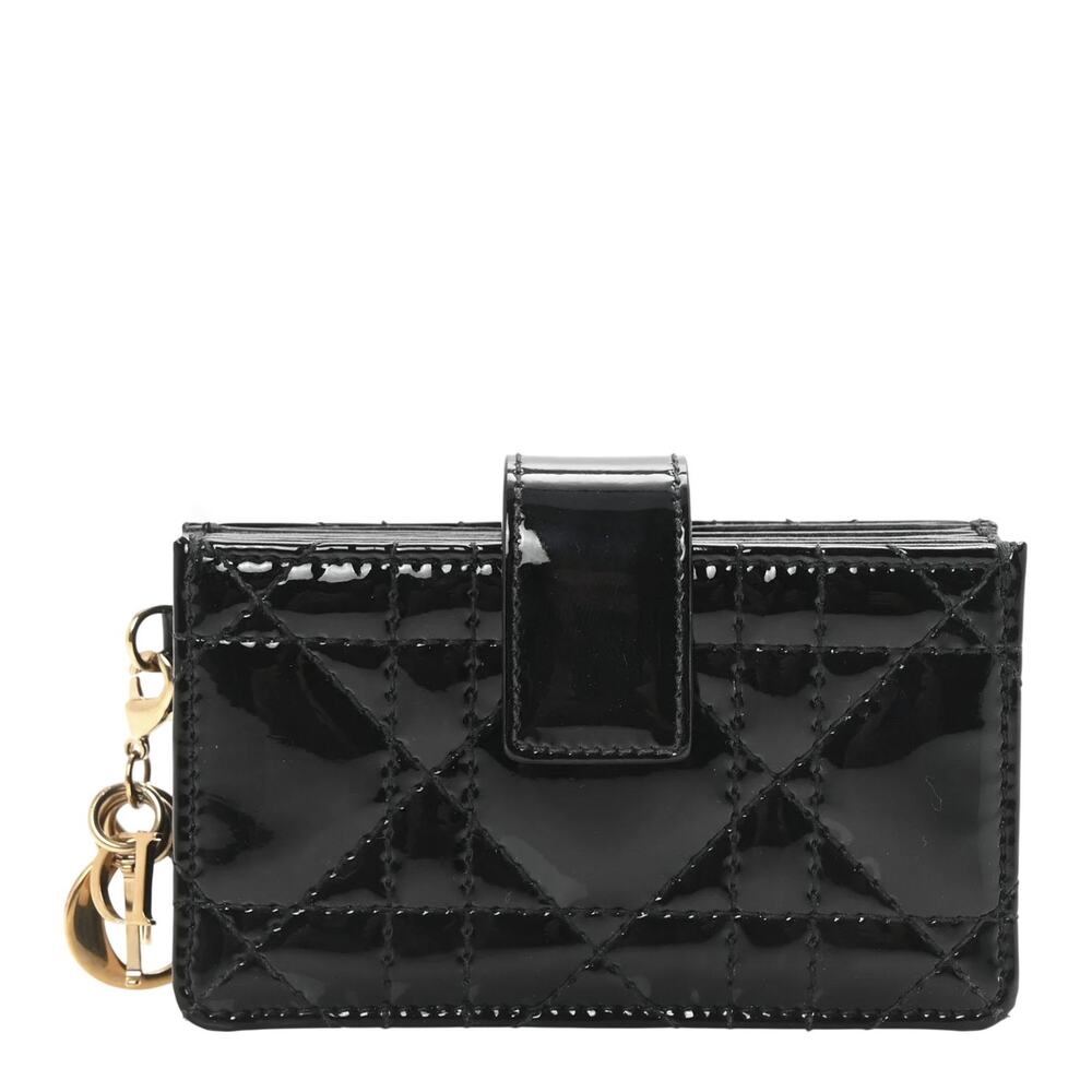 DIOR Patent Cannage Lady Dior 5-Gusset Card Holder Black Compact Wallet